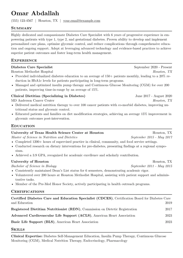 Diabetes Care Specialist Resume Example CV template preview
