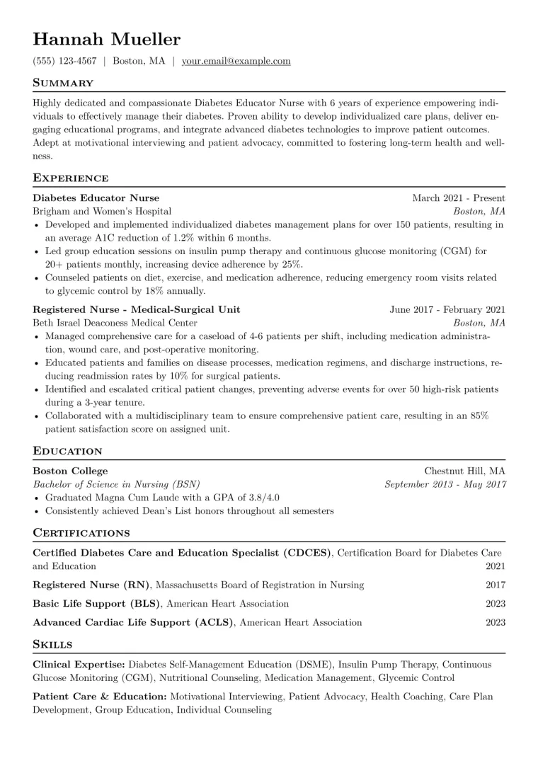 Diabetes Educator Nurse Resume Example CV template preview