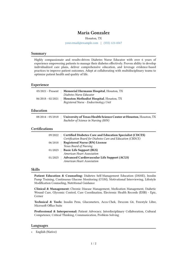 Diabetes Nurse Educator Resume Example CV template preview