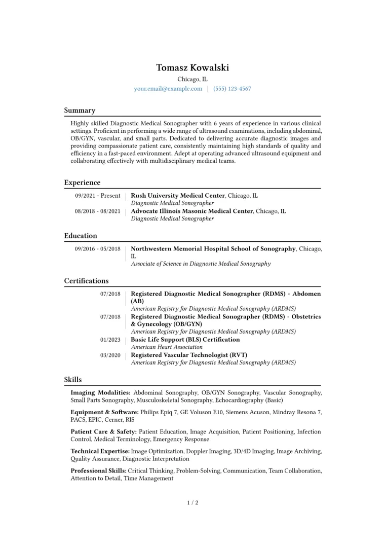 Diagnostic Medical Sonographer Resume Example CV template preview