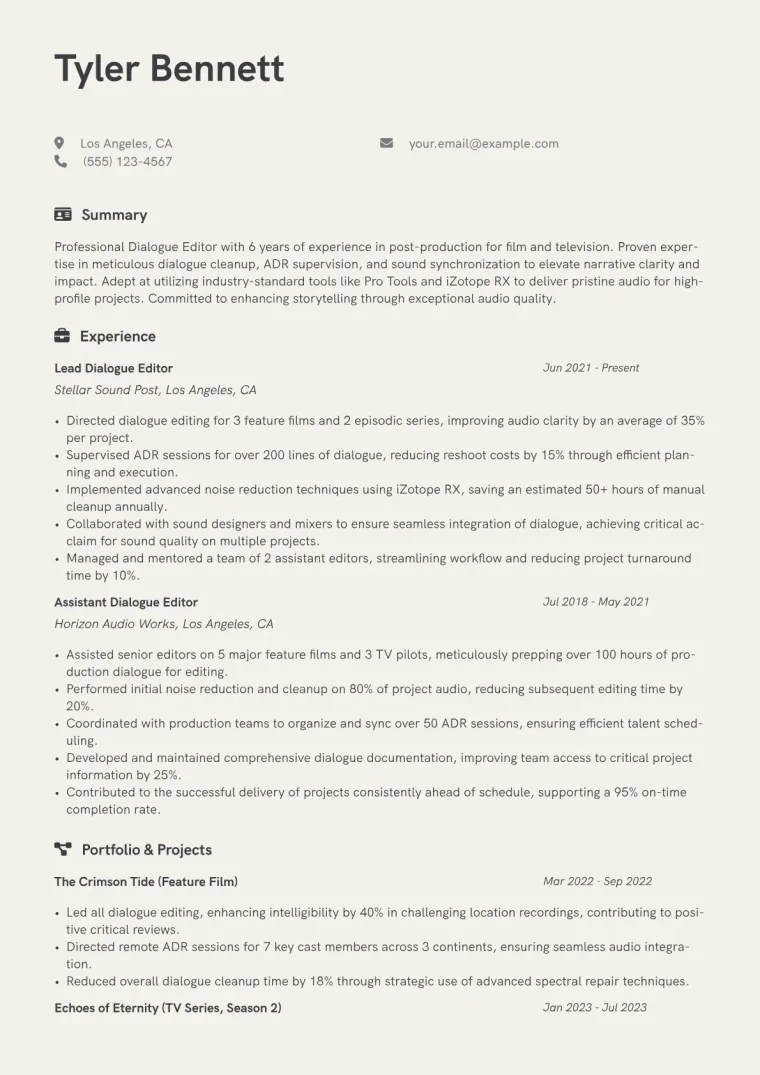 Dialogue Editor Resume Example CV template preview