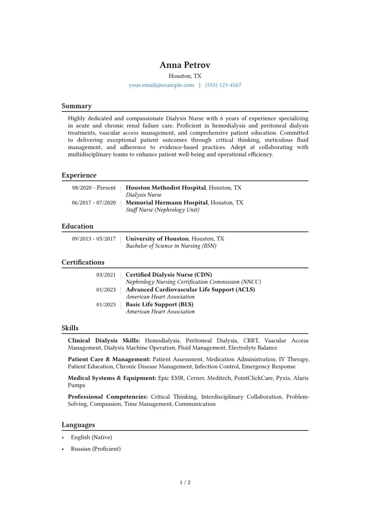 Dialysis Nurse Resume Example CV template preview