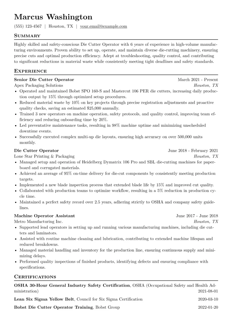 Die Cutter Operator Resume Example CV template preview