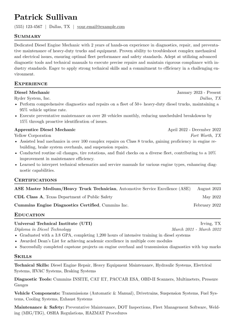 Diesel Engine Mechanic Resume Example CV template preview