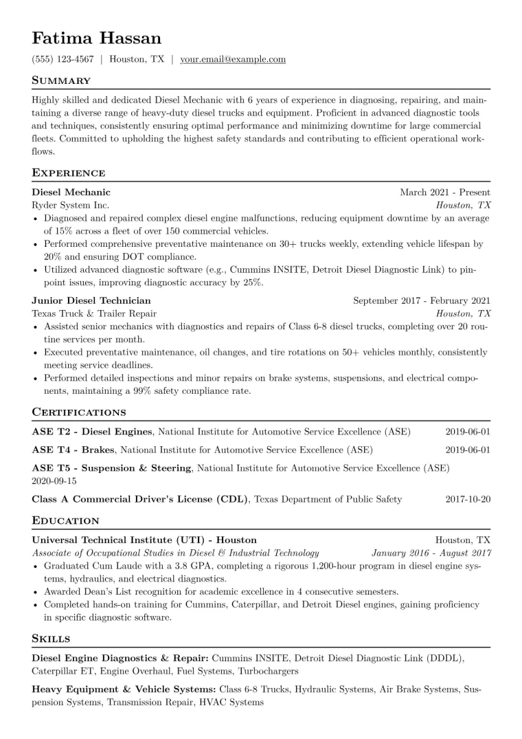 Diesel Mechanic Resume Example CV template preview
