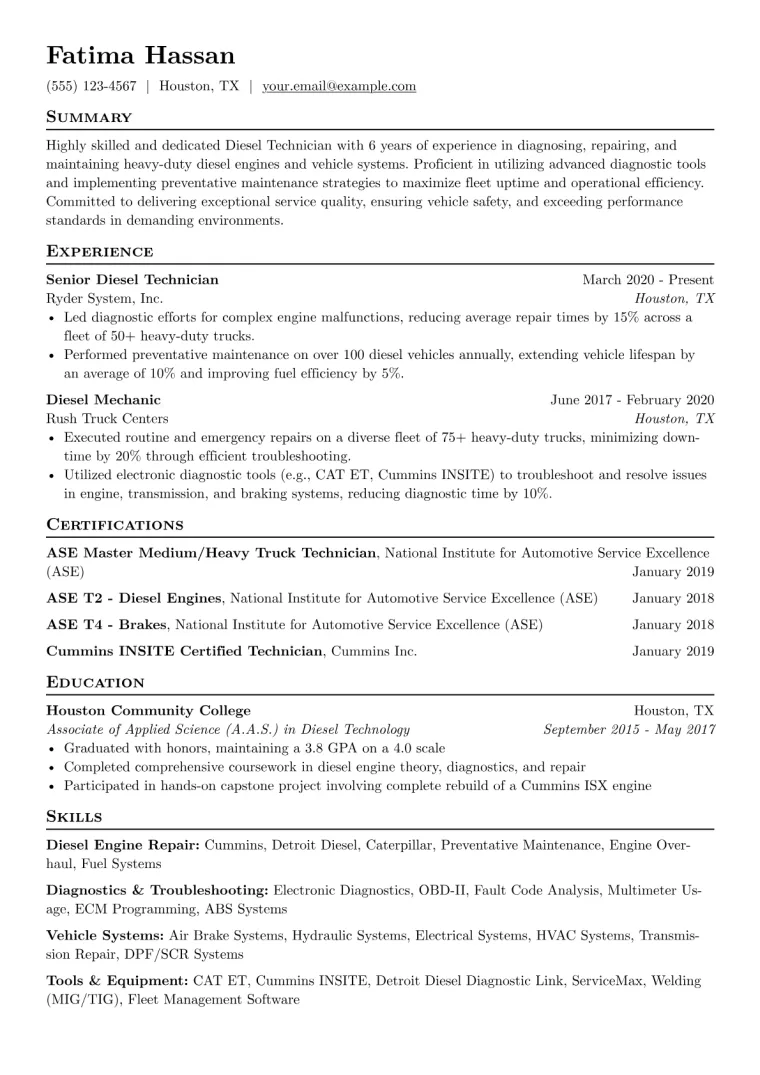 Diesel Technician Resume Example CV template preview
