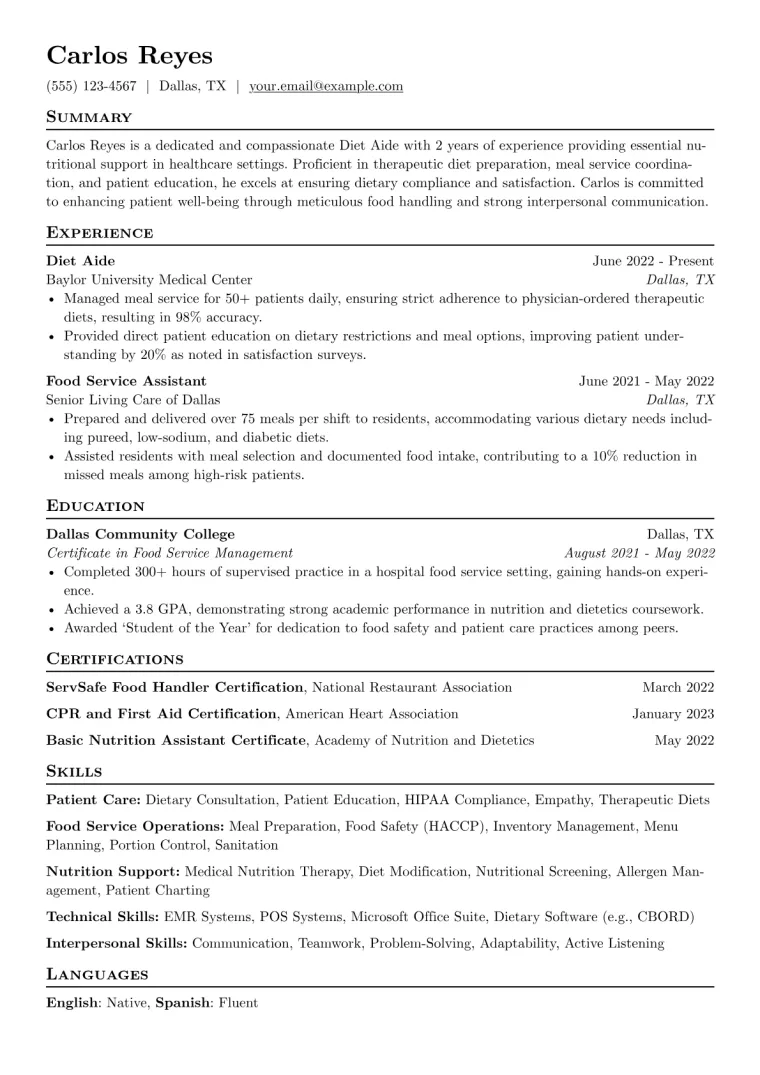 Diet Aide Resume Example CV template preview