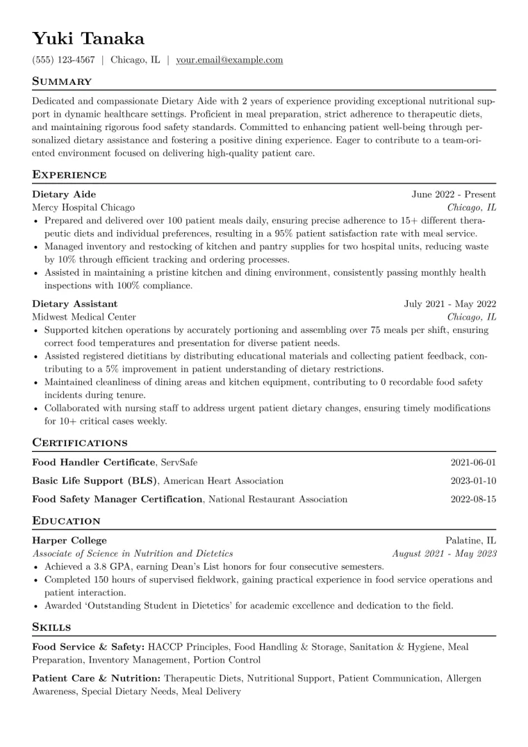 Dietary Aide Resume Example CV template preview