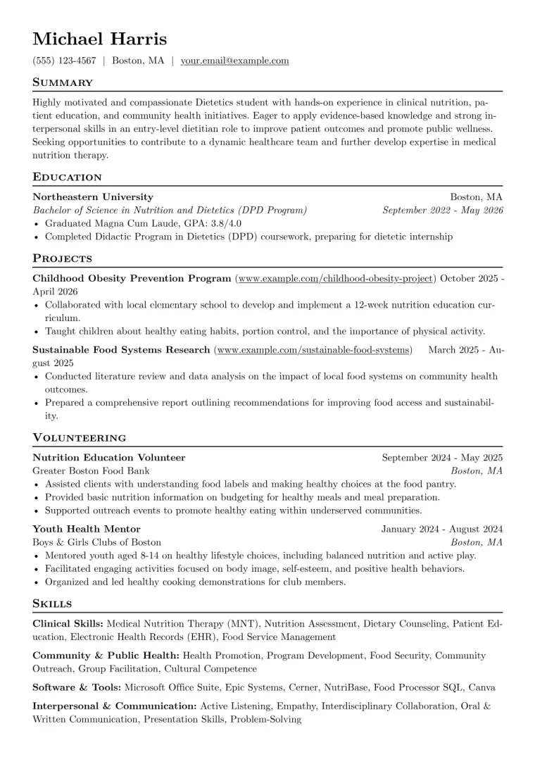 Dietetics Student Resume Example CV template preview