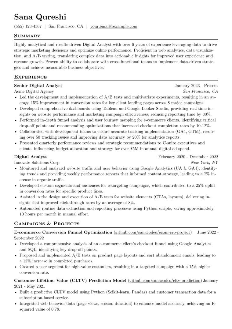 Digital Analyst Resume Example CV template preview
