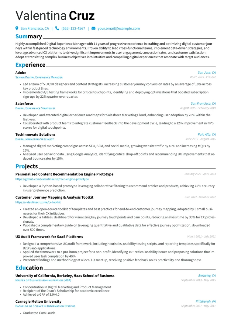 Digital Experience Manager Resume Example CV template preview