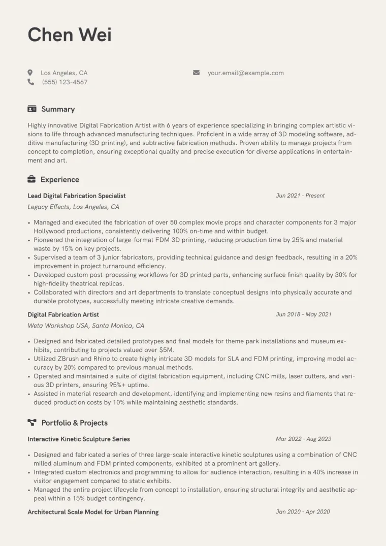 Digital Fabrication Artist Resume Example CV template preview