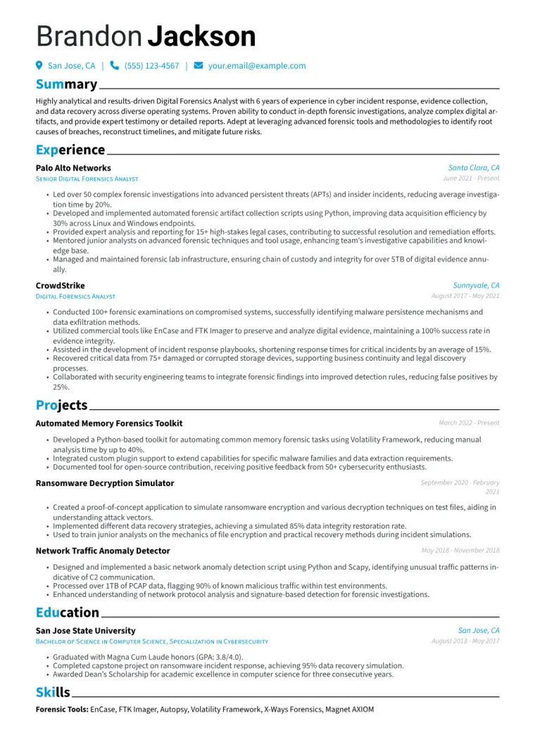 Digital Forensics Analyst Resume Example CV template preview