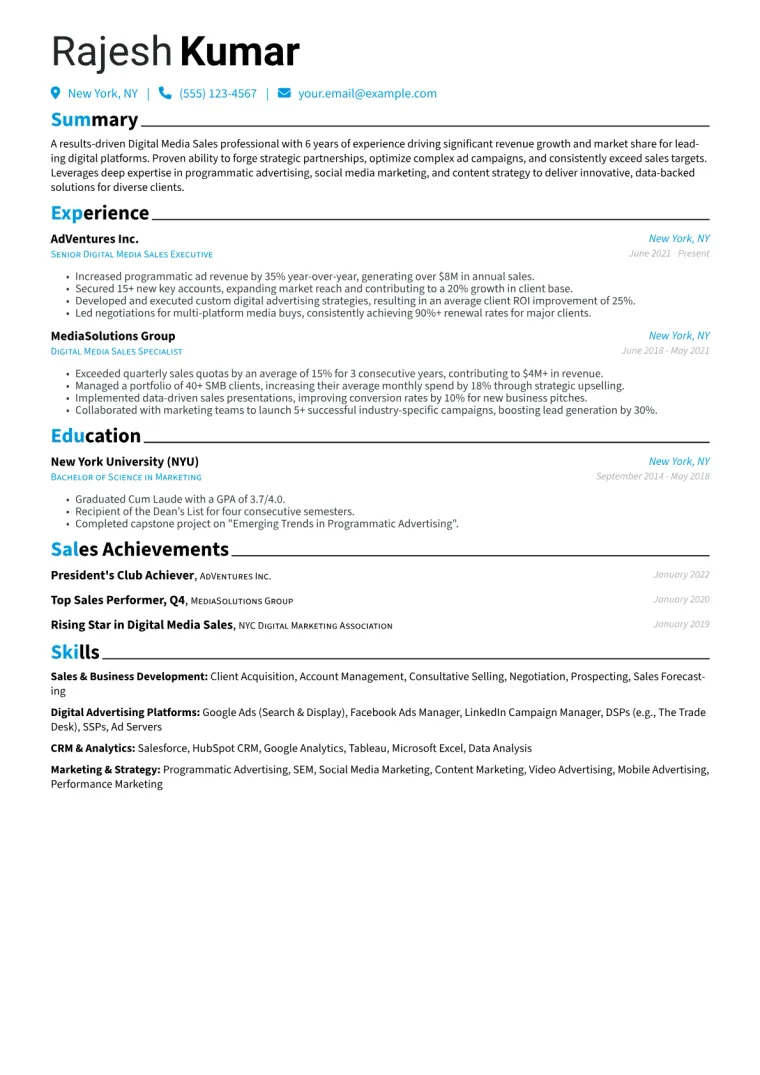 Digital Media Sales Resume Example CV template preview