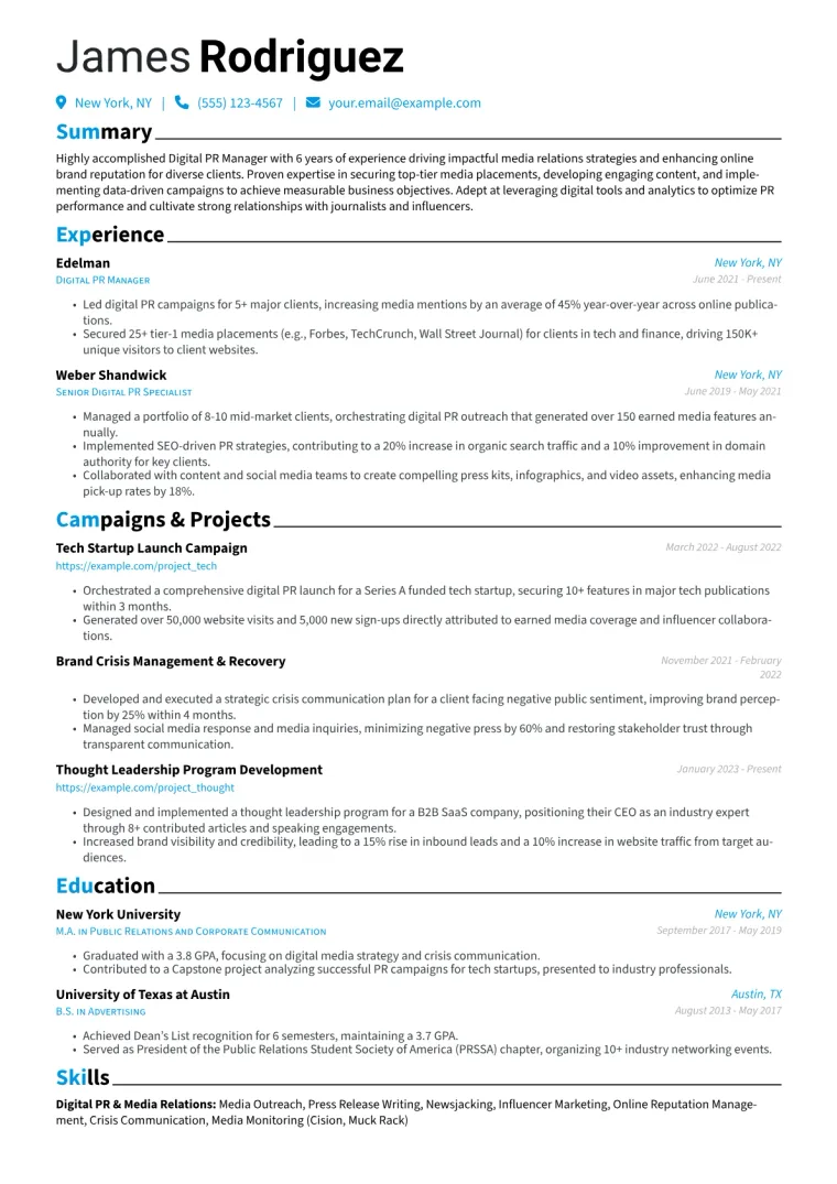 Digital PR Manager Resume Example CV template preview