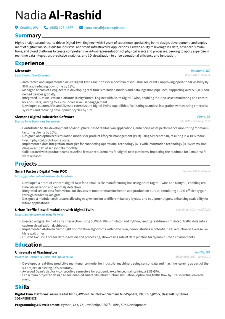Digital Twin Engineer Resume Example CV template preview