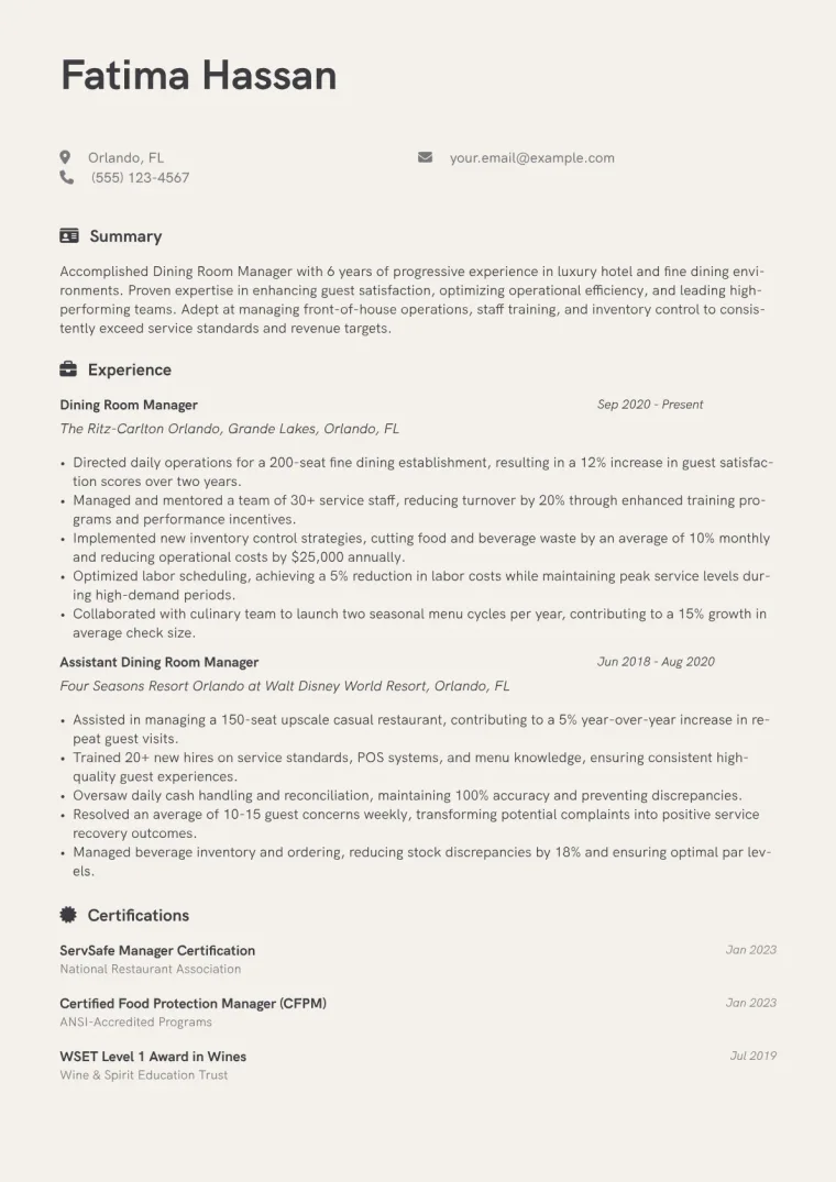 Dining Room Manager Resume Example CV template preview