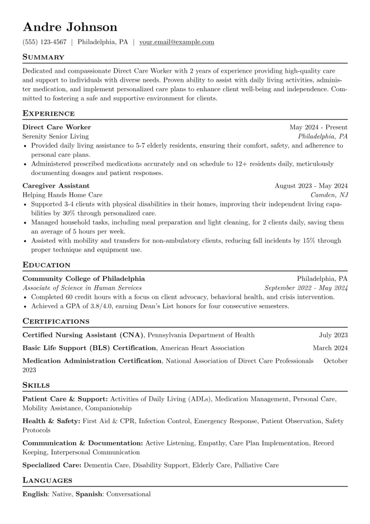 Direct Care Worker Resume Example preview