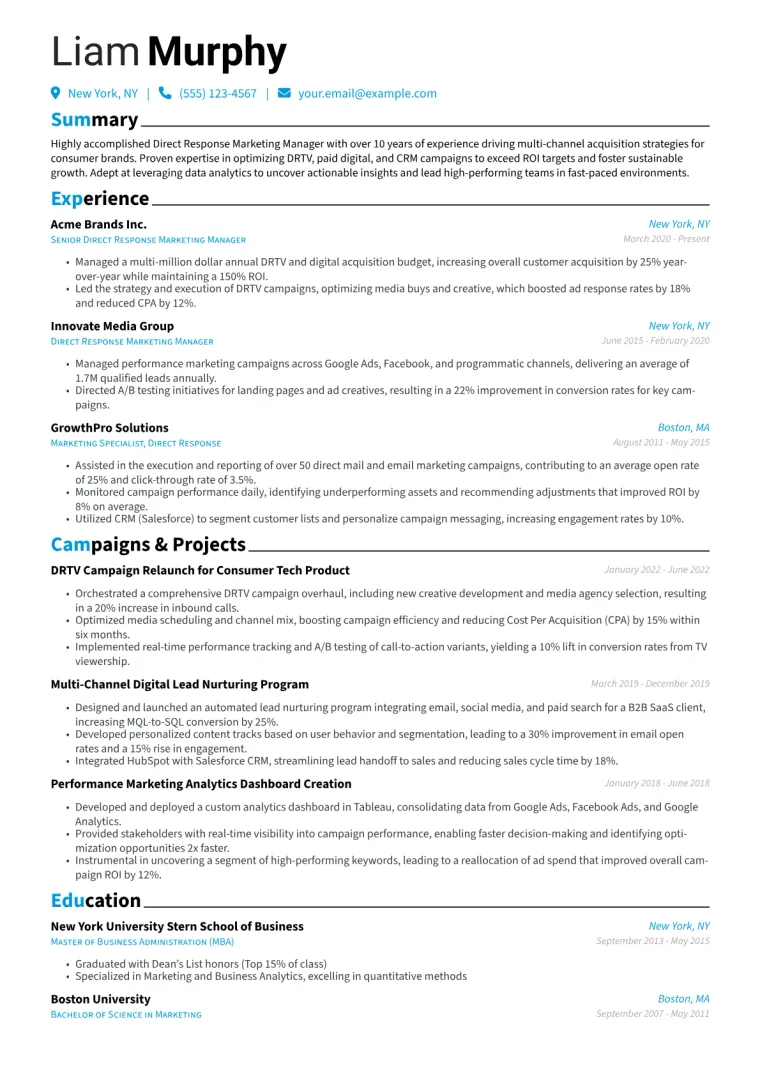 Direct Response Marketing Manager Resume Example CV template preview