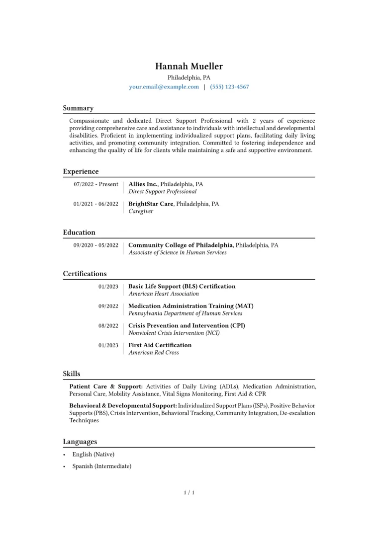 Direct Support Professional Resume Example CV template preview