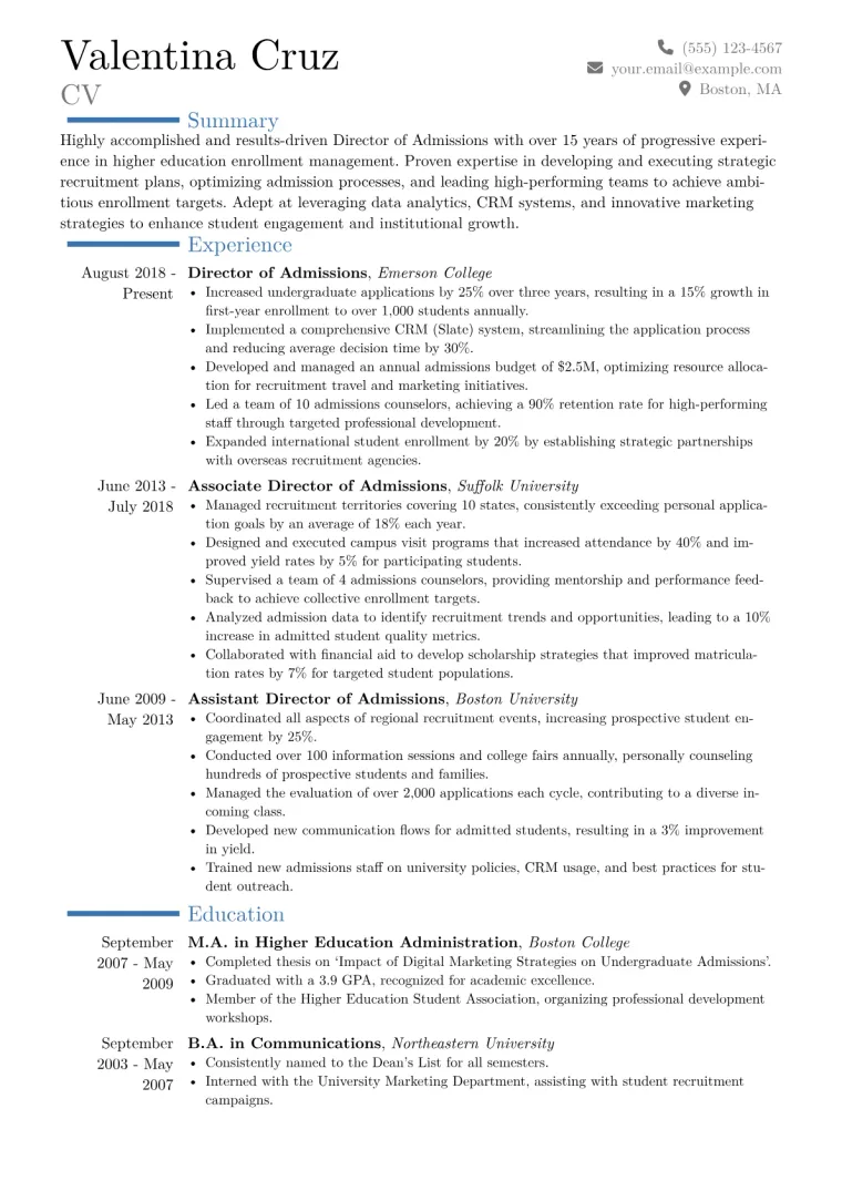 Director of Admissions Resume Example CV template preview