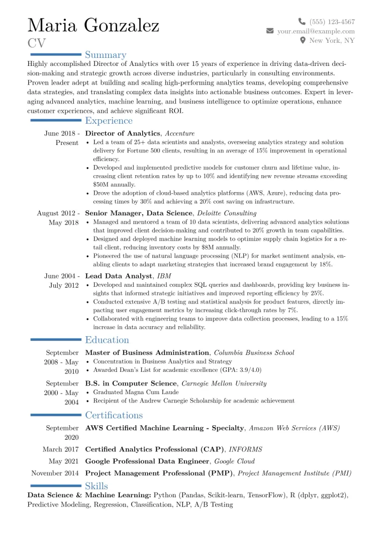 Director of Analytics Resume Example CV template preview