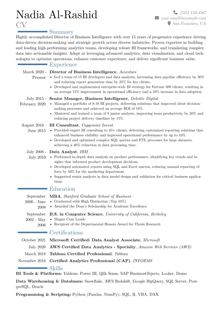 Director of Business Intelligence Resume Example CV template preview