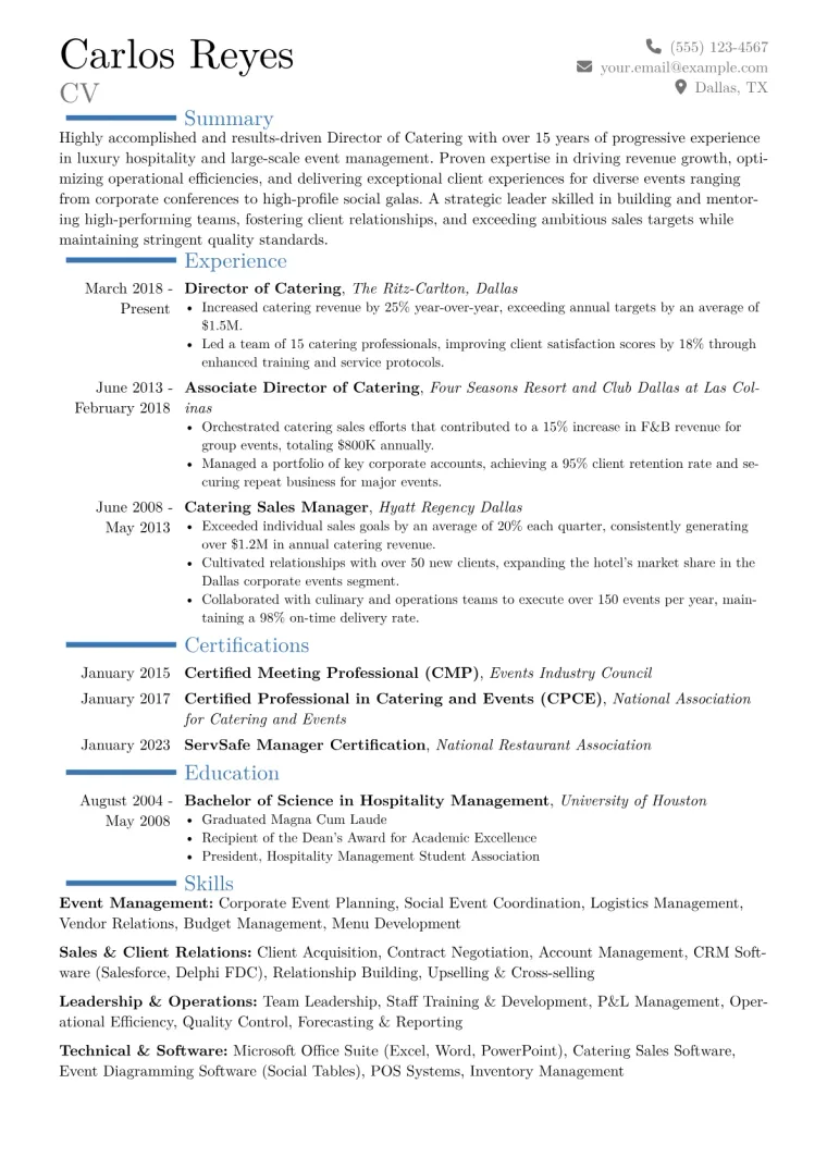 Director of Catering Resume Example CV template preview