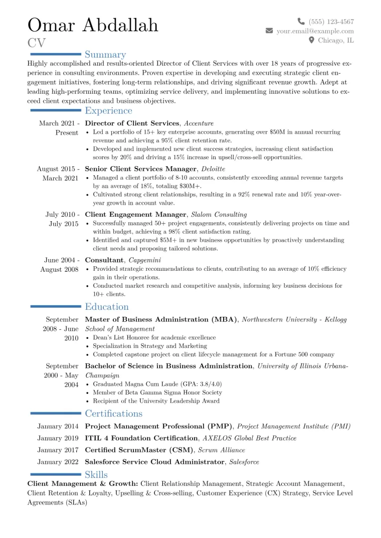 Director of Client Services Resume Example CV template preview