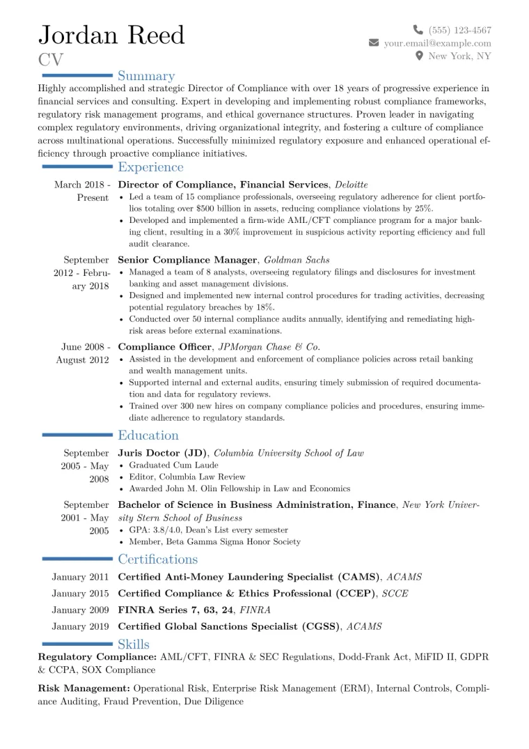 Director of Compliance Resume Example CV template preview