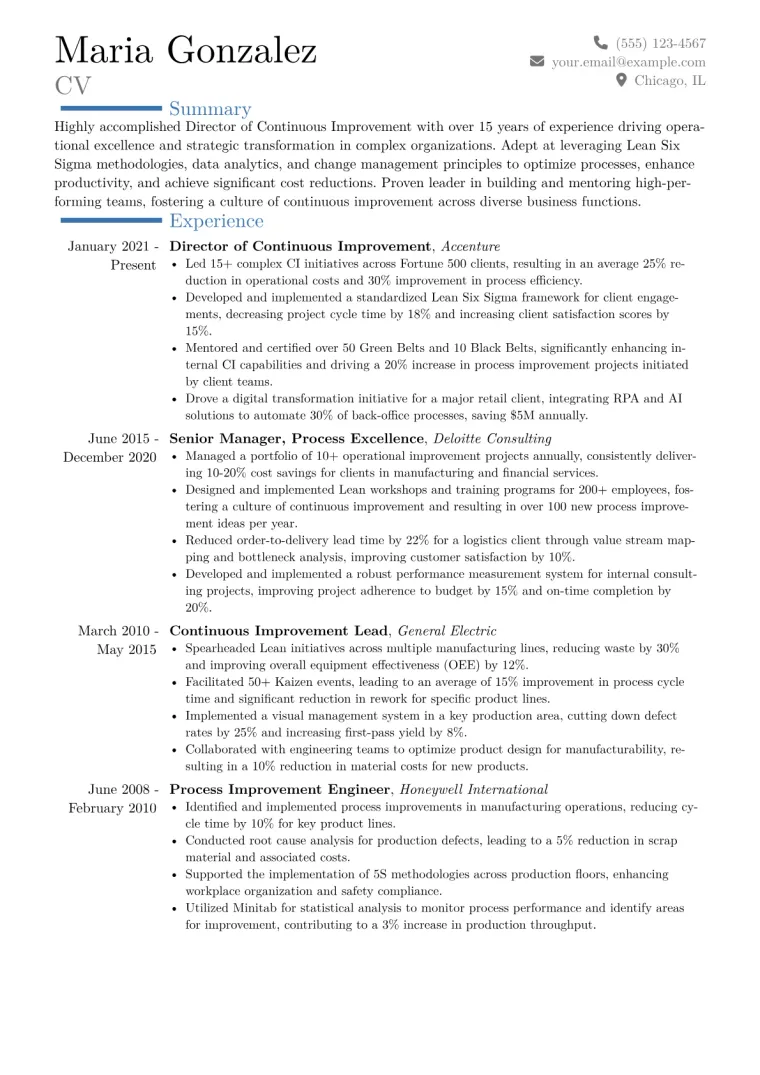 Director of Continuous Improvement Resume Example CV template preview