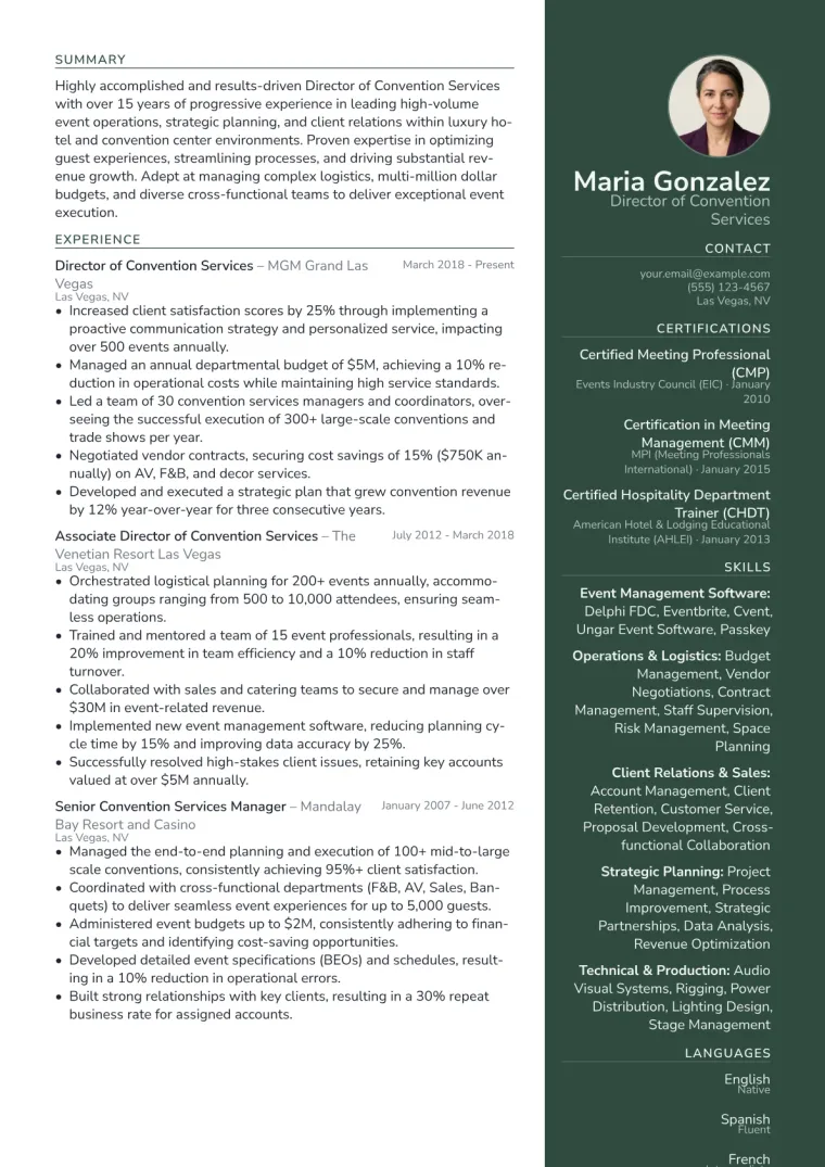Director of Convention Services Resume Example CV template preview
