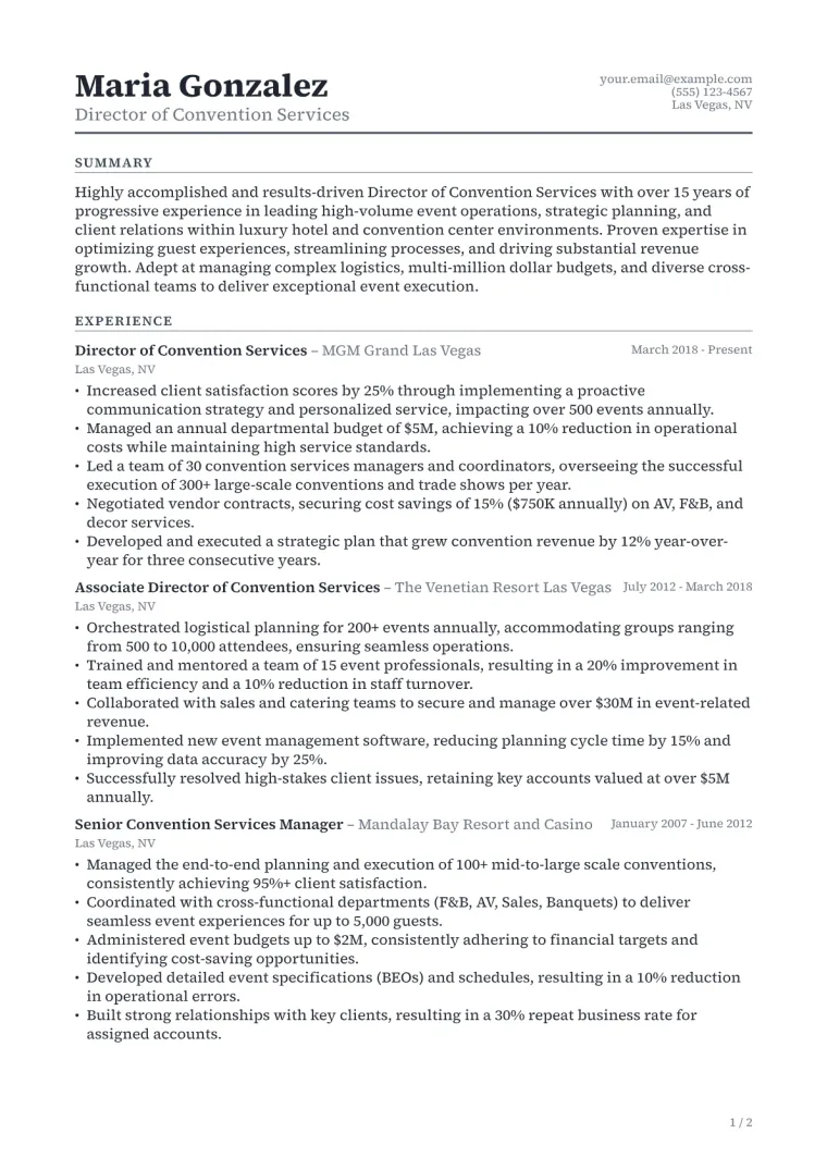 Director of Convention Services Resume Example CV template preview