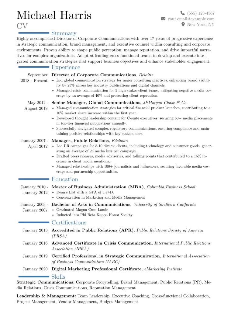 Director of Corporate Communications Resume Example CV template preview