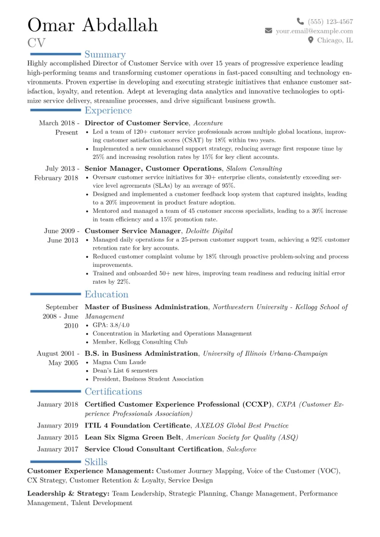 Director of Customer Service Resume Example CV template preview