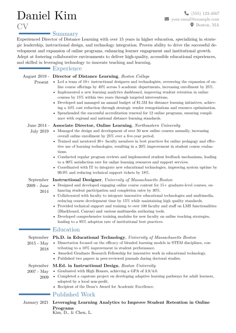 Director of Distance Learning Resume Example CV template preview