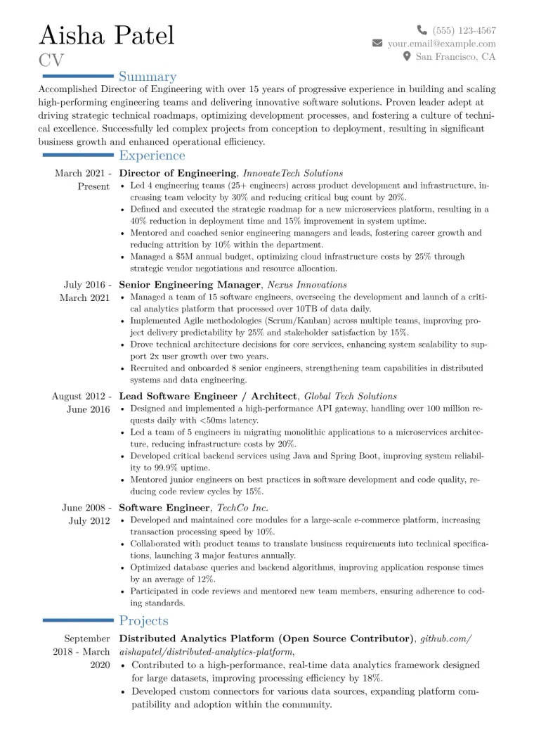 Director of Engineering Resume Example CV template preview