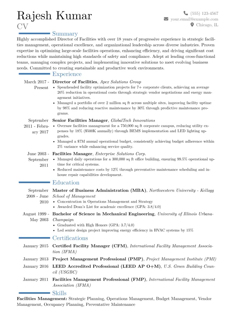 Director of Facilities Resume Example CV template preview