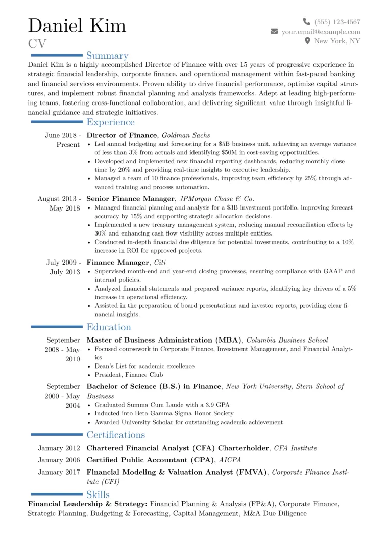 Director of Finance Resume Example CV template preview