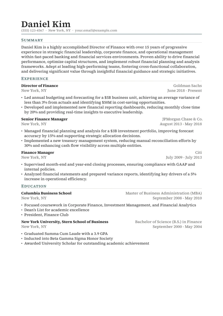 Director of Finance Resume Example CV template preview