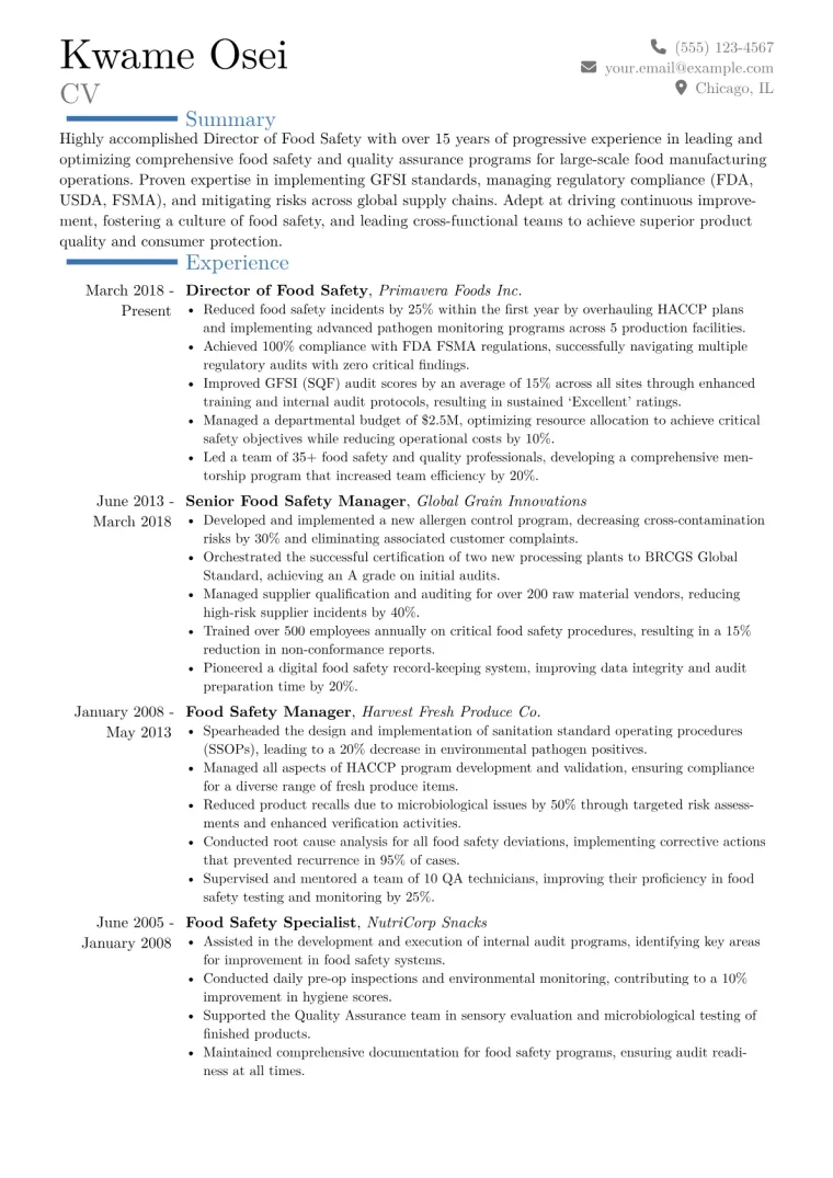 Director of Food Safety Resume Example CV template preview