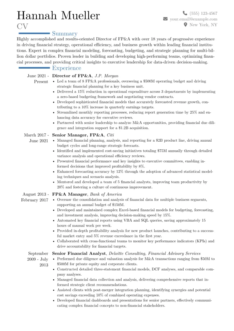 Director of FP&A Resume Example CV template preview