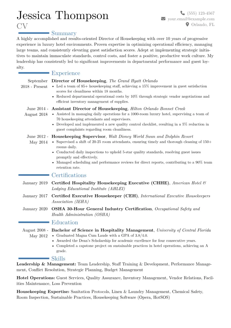 Director of Housekeeping Resume Example CV template preview