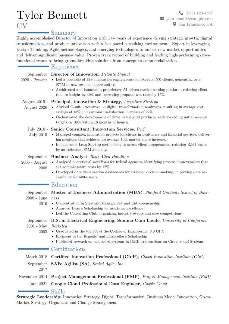Director of Innovation Resume Example CV template preview