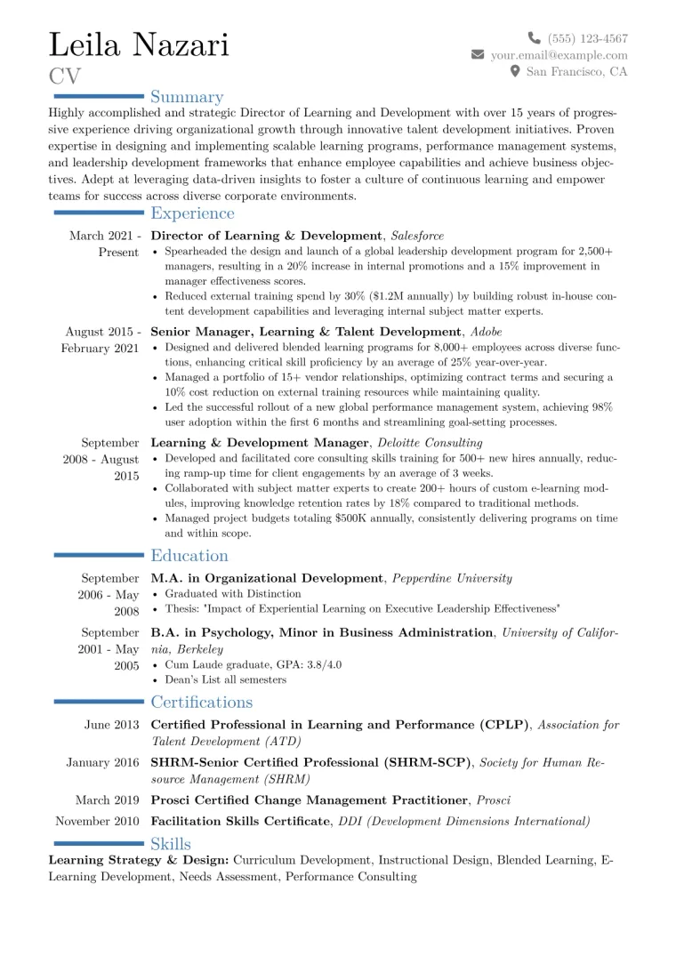 Director of Learning and Development Resume Example CV template preview