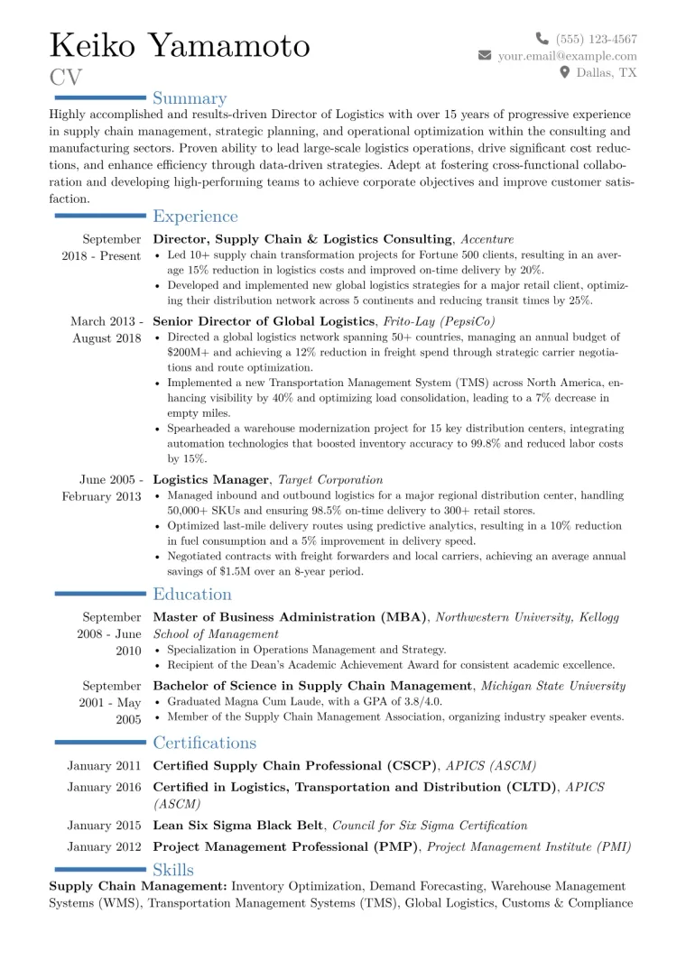 Director of Logistics Resume Example CV template preview