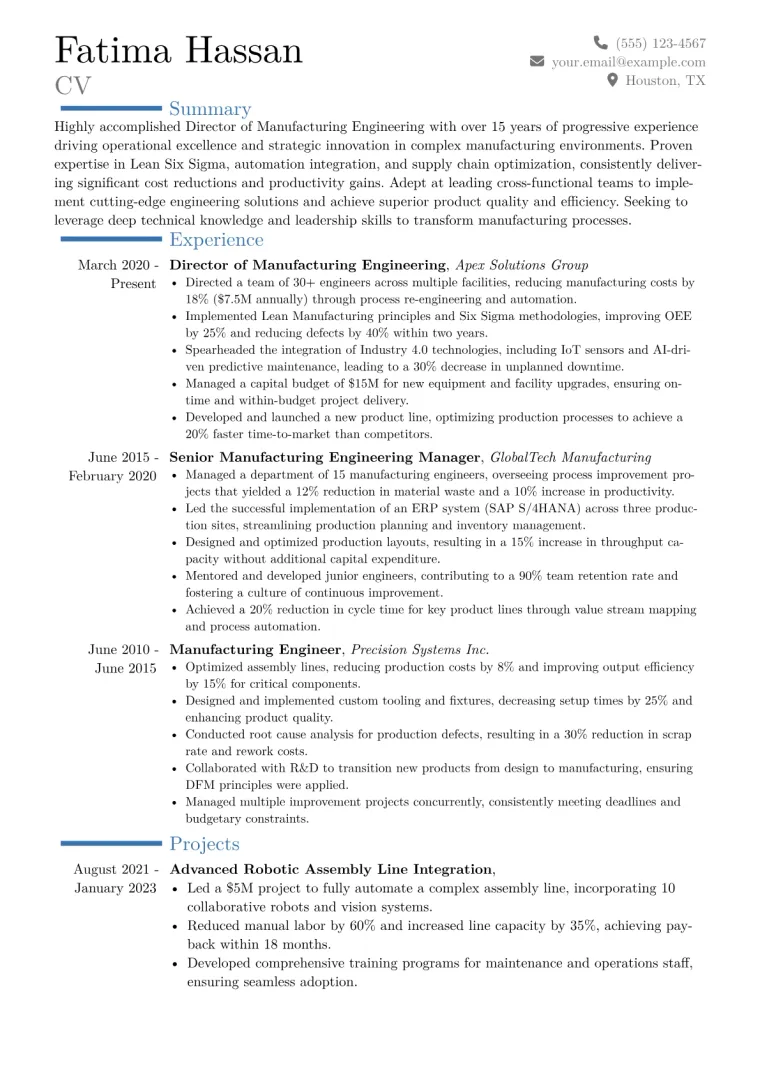 Director of Manufacturing Engineering Resume Example CV template preview