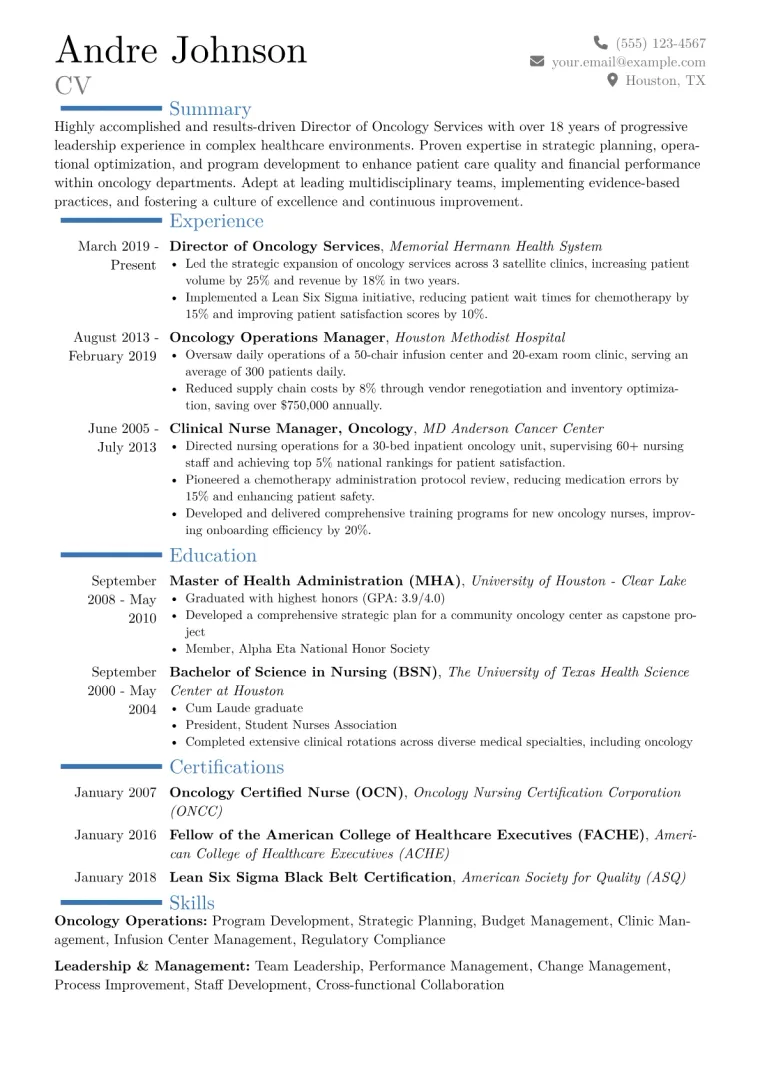 Director of Oncology Services Resume Example CV template preview