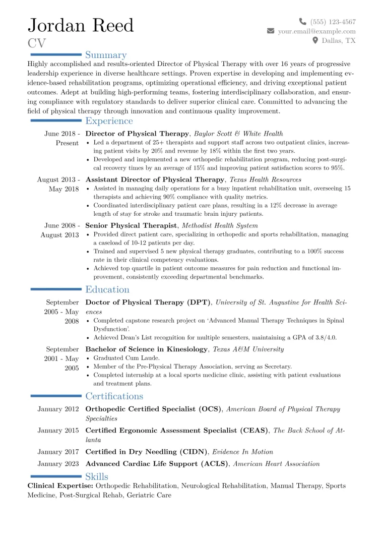 Director of Physical Therapy Resume Example CV template preview