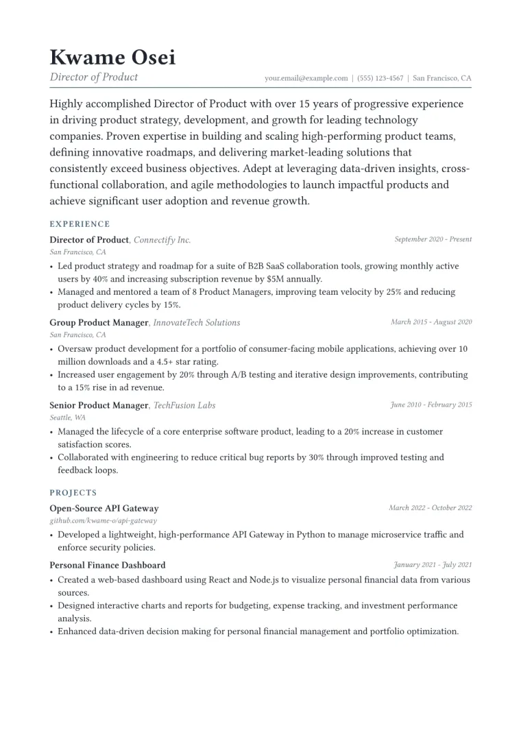 Director of Product Resume Example CV template preview